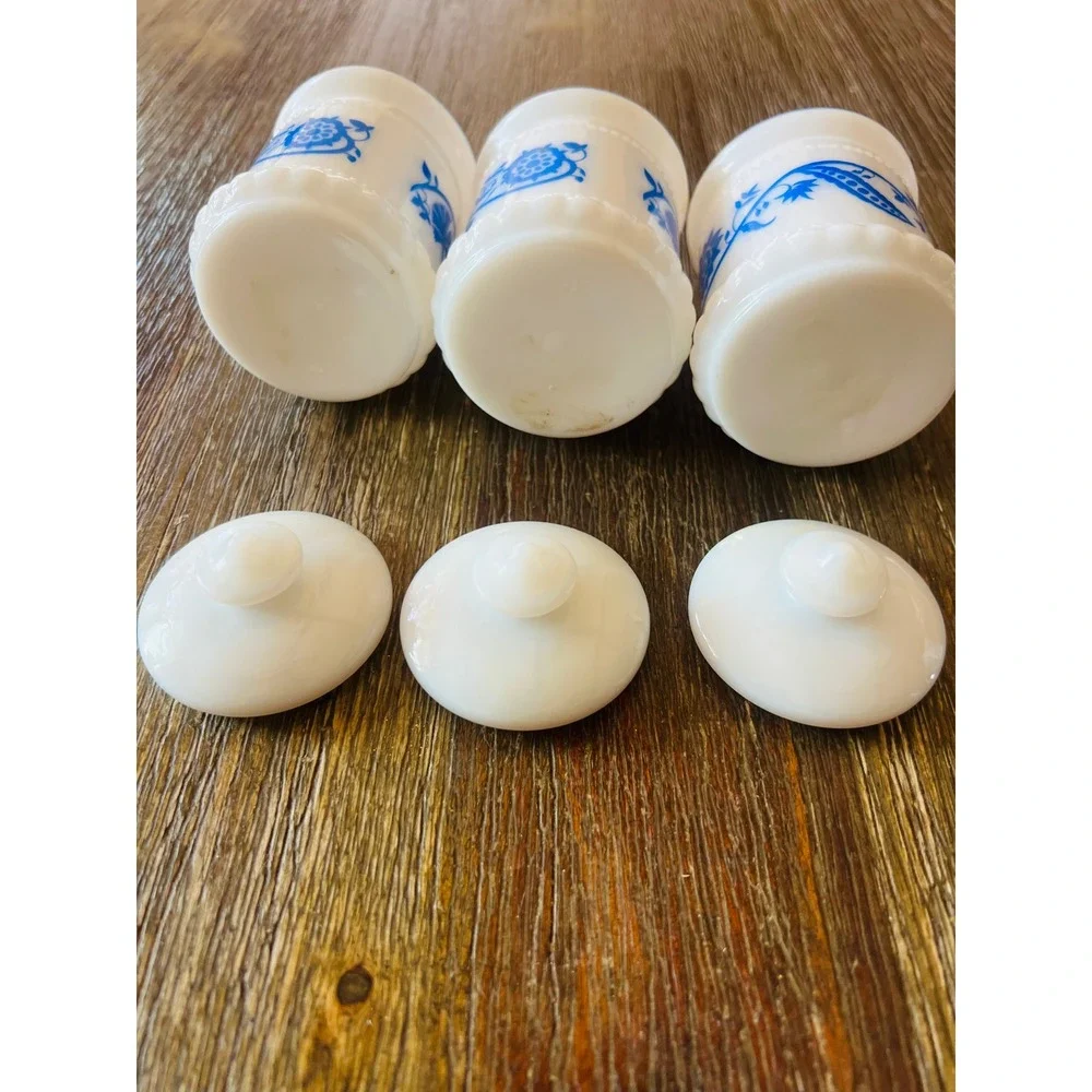 Vintage Milk Glass Spice Jars Set of 3 Blue Floral White Canisters with Lids